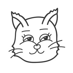 Funny and cute fluffy cat face close up with cunning emotion. Trendy stylized clipart with hand drawn vector outline. Suitable for stickers, scrap elements, social media. Illustration isolated.