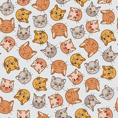 Cute vector seamless hand drawn pattern with cat’s faces close up with different emotions in orange colors. Can be used for the posters, wrapping paper, bedclothes, socks, towels, notebook, packages.