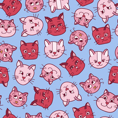 Obraz premium Cute vector seamless hand drawn pattern with cat’s faces close up with different emotions in blue and red colors. Can be used for the posters, wrapping paper, bedclothes, socks, towels, notebook.