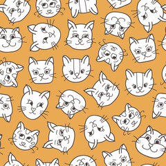 Cute vector seamless hand drawn pattern with cat’s faces close up with different emotions in yellow colors. Can be used for the posters, wrapping paper, bedclothes, socks, towels, notebook, packages.