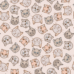Cute vector seamless hand drawn pattern with cat&rsquo;s faces close up with different emotions in beige colors. Can be used for the posters, wrapping paper, bedclothes, socks, towels, notebook, packages.