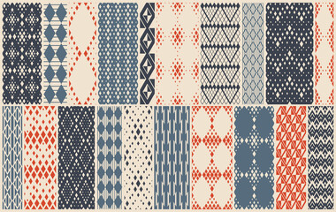 Rhomb seamless geometric vector pattern set, rhombus simple black and white wallpaper background, ethnic folk embroidery or carpet style image collection.