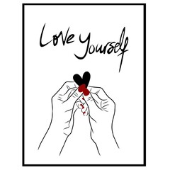 Love yourself motivational wall art. Self love wall Decorations. Minimalist Scandinavian wall Decorations with black, white and red color.