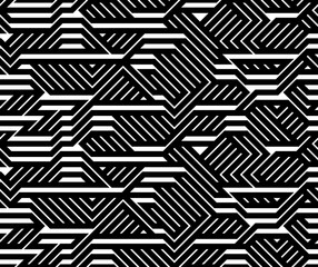 Tech style seamless linear pattern vector, monochrome circuit board lines endless background wallpaper image, black and white geometric design techno micro picture.