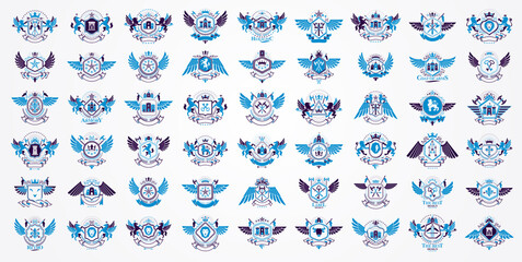 Fototapeta premium Vintage heraldic emblems vector big set, antique heraldry symbolic badges and awards collection, classic style design elements, family emblems.