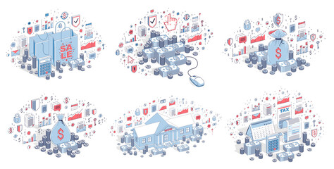 Fototapeta premium Business and finance concepts 3D vector illustrations set isolated on white background, money theme conceptual design collection, savings, bank, contract, income, safety, online.