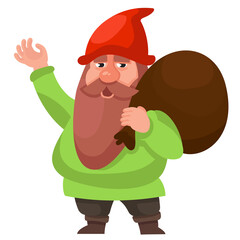 Gnome holding bag and waving hand. Fairy tale character in cartoon style.