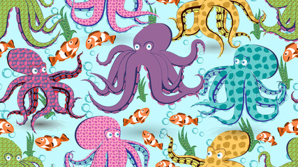 Octopuses seamless background. Oceanic cartoon pattern colored wallpaper.