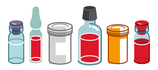 Set of medical bottles and vials vector flat style illustration isolated over white, meds drugstore concept, apothecary prescription medicament flagons and ampules.