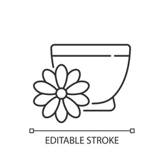 Chrysanthemum tea linear icon. Double ninth festival. Flower-based infusion. Traditional medicine. Thin line customizable illustration. Contour symbol. Vector isolated outline drawing. Editable stroke