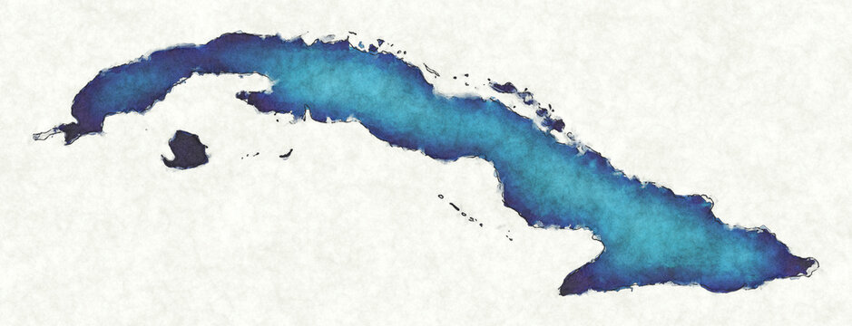 Cuba map with drawn lines and blue watercolor illustration