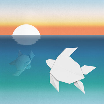 Abstract illustration of white sea turtles swimming in blue ocean with yellow sunset background and made from paper using paper folding technique origami. Matte craft paper texture background