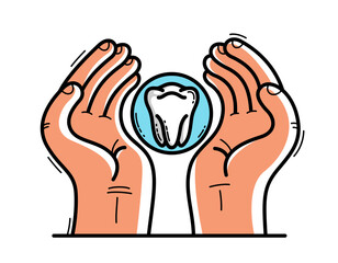 Two hands with tooth protecting and showing care vector flat style illustration isolated on white, cherish and defense for teeth health concept.
