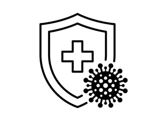 Immune system concept. Hygienic medical black linear shield protecting from coronavirus COVID-19 icon. Human immunity sign. Corona virus 2019-ncov defense symbol vector isolated illustration