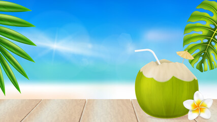 Fresh drinking coconut and a frangipani flower on a beach background. Vector illustration.