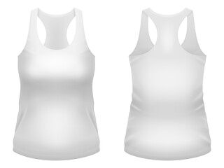 Blank white tank top template. Front and back views. Vector illustration.