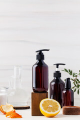 Eco-friendly natural cleaning products such as soda, lemon, vinegar. The concept of zero waste. Copy space.
