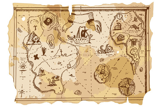 Treasure map vector cartoon hand drawn illustration.