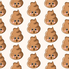 Seamless pattern with kawaii poop on white background. Cartoon poo, feces icons. Shit patterns, evil turd. Vector illustration for invitation, poster, card, fabric, textile. Doodle style