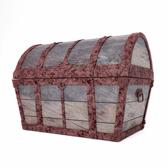 Old and broken vintage pirate treasure chest. Rotten and broken. For storing valuables Made of cracked wood And rusted metal texture Isolated on white background and wallpaper.3D Rendering.