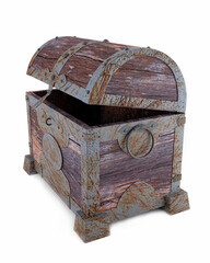 Old and broken vintage pirate treasure chest. Rotten and broken. For storing valuables Made of cracked wood And rusted metal texture Isolated on white background and wallpaper.3D Rendering.