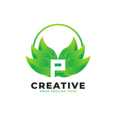 Nature Green Leaf Letter P Logo with Circle. monogram logo. Green Leaves Alphabet Icon. Usable for Business, Science, Healthcare, Medical and Nature Logos.Flat Vector Logo Desgn Template Element. 