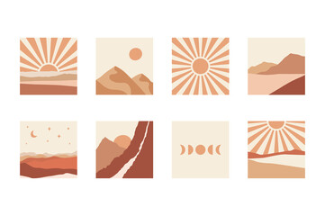 Abstract boho landscapes collection. Mountains, sun, moon, sunset, desert, hills minimalist design. © mayrum