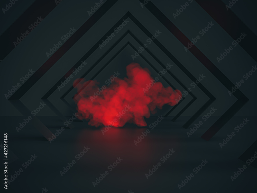 Poster Abstract black stage backdrop with red smoke. 3d rendering.