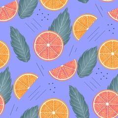 Fresh citrus seamless pattern . Flying slices of orange, grapefruit and mix on light background. Summer ornament for prints, textile, wallpaper, web etc
