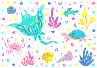 Fototapeta na wymiar Underwater world. Set of sea animals: stingray, crab, turtle, shells, fish, seaweed and starfish. Children vector illustration.