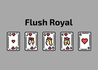 Combination flush royal playing cards olor line icon set. Gambling. Pictograms for web page, mobile app, promo.