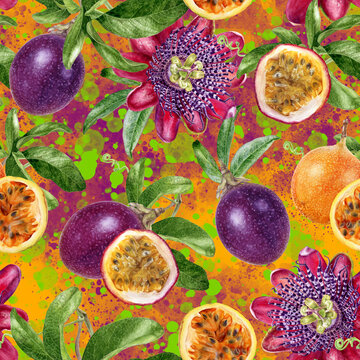 Watercolor Seamless Pattern Passion Fruit On A Color Splash Background.