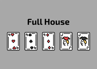 Combination full house playing cards olor line icon set. Gambling. Pictograms for web page, mobile app, promo.