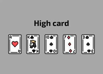 Combination high card playing cards olor line icon set. Gambling. Pictograms for web page, mobile app, promo.