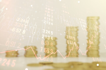 Multi exposure of stats data illustration on stacks of coins background, computing and analytics concept