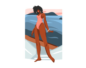 Hand drawn vector abstract stock flat graphic illustration with young happy black afro american beauty female,sitting on sundown beach scene isolated on white background
