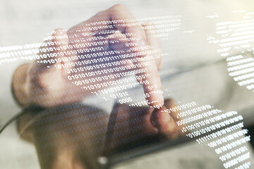 Double exposure of graphic America map and hand working with a digital tablet on background, big data and digital technology concept