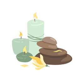 Composition of Hot stones, burning candles and aroma fragrant Champaka Flowers for body massage, skin therapy and beauty treatment. Colored flat vector illustration isolated on white background