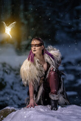 viking girl with leather fur clothes