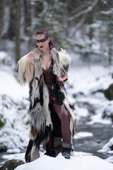 viking girl with leather fur clothes