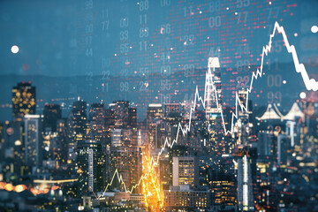 Double exposure of abstract creative financial chart hologram and world map on San Francisco city skyscrapers background, research and strategy concept