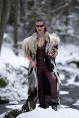 viking girl with leather fur clothes