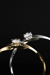 Gold And Silver Diamond Ring Couple Isolated On black Background, 3D Rendering.