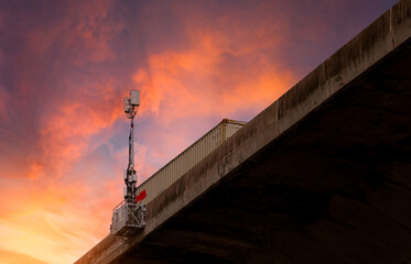 Bottom view of elevated concrete highway. Overpass concrete road. Road flyover structure. Motorway...