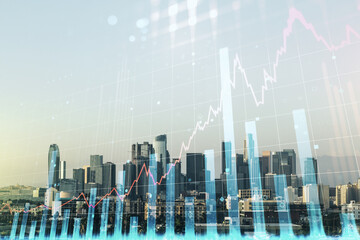 Multi exposure of virtual abstract financial diagram on Los Angeles office buildings background, banking and accounting concept