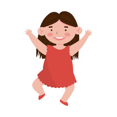 Cute little smiling girl in the red dress jumping. Cartoon vector illustration, isolated on a white