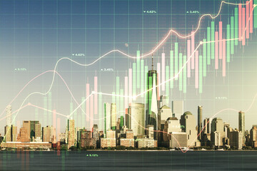 Multi exposure of abstract virtual financial graph hologram on New York skyline background, forex...