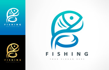 Fish, fish hook and wave logo vector. Shop everything for fishing.