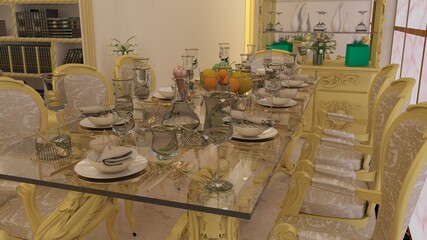 3d render Illustration classic style lobby with console. white, black and gold theme classic combinations.