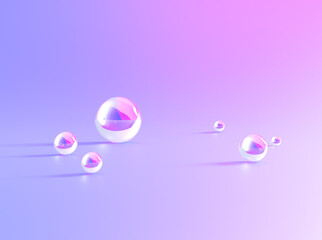 Glass podium background with crystal balls, 3D stand display. Product presentation podium with transparent crystal glass balls on abstract gradient background